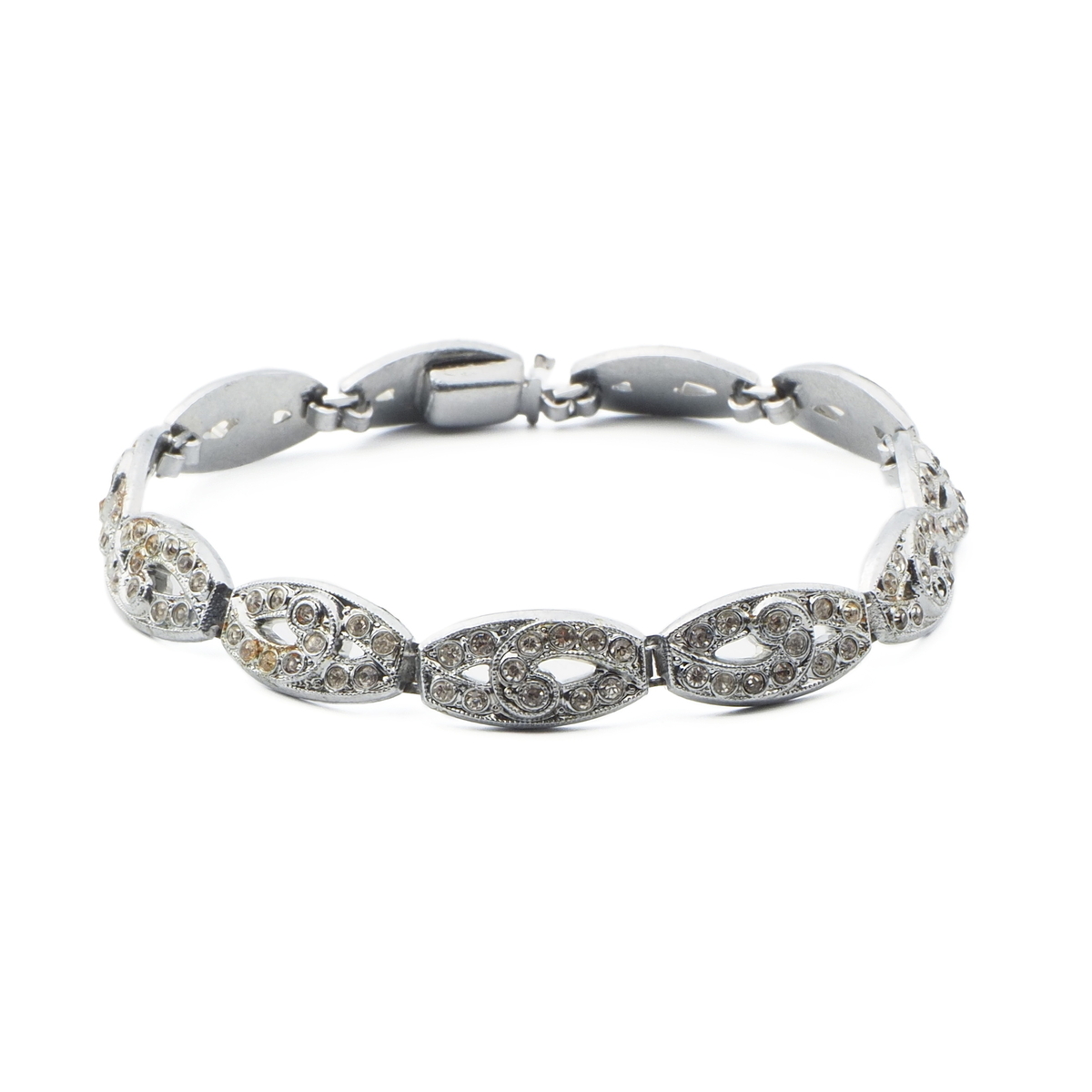 Czech vintage Art Deco silver plate bracelet clear glass rhinestones
