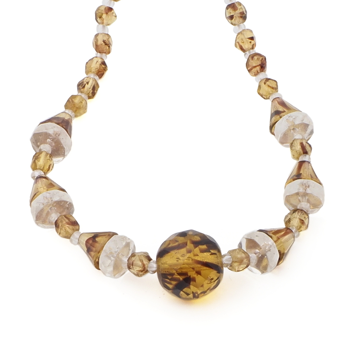 Vintage Czech necklace tortoise topaz clear faceted glass beads 16"