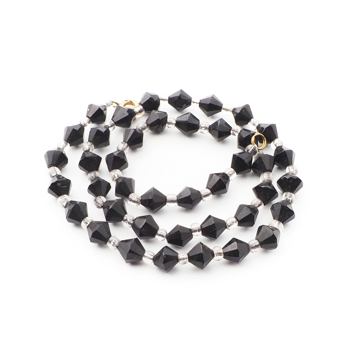 Vintage Czech necklace black bicone clear seed glass beads 16"
