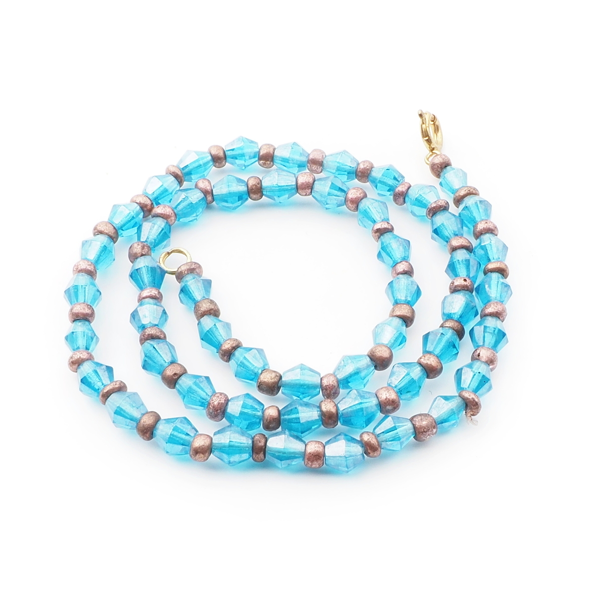 Vintage Czech necklace blue bicone silver seed glass beads 16"