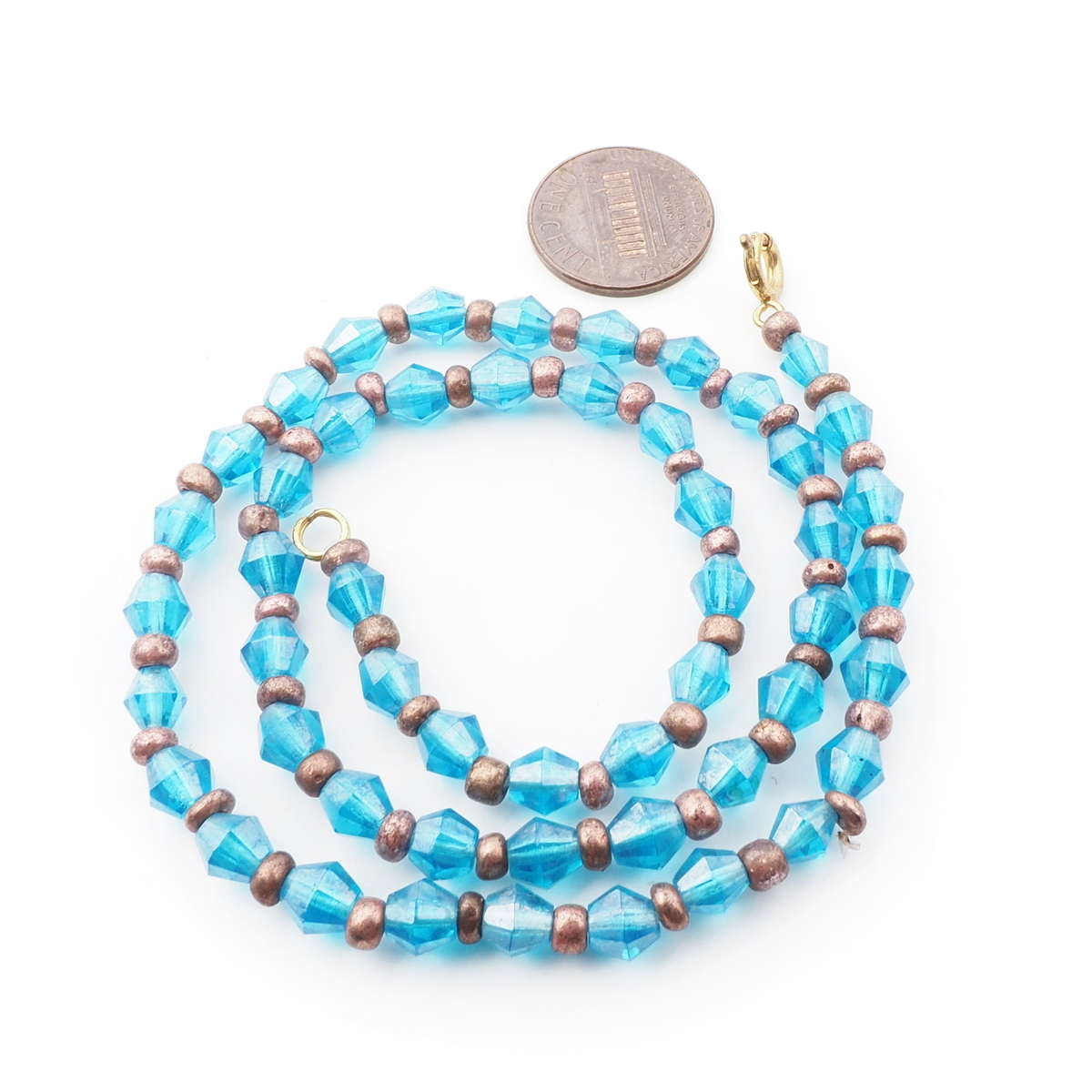 Vintage Czech necklace blue bicone silver seed glass beads 16"
