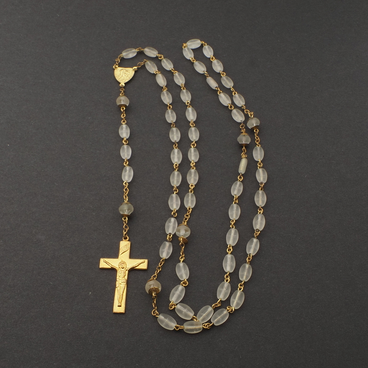 Czech 5 decade frost glass bead Catholic rosary crucifix pendant