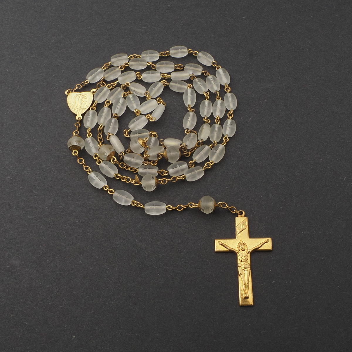 Czech 5 decade frost glass bead Catholic rosary crucifix pendant