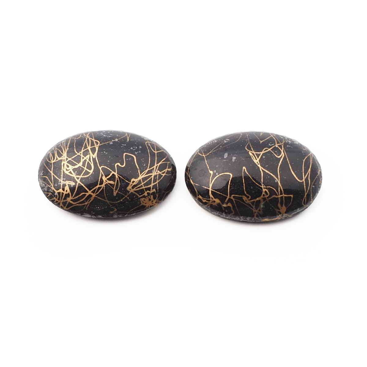 Lot (2) Vintage Czech abstract gold swirl black oval glass cabochons 25x18mm