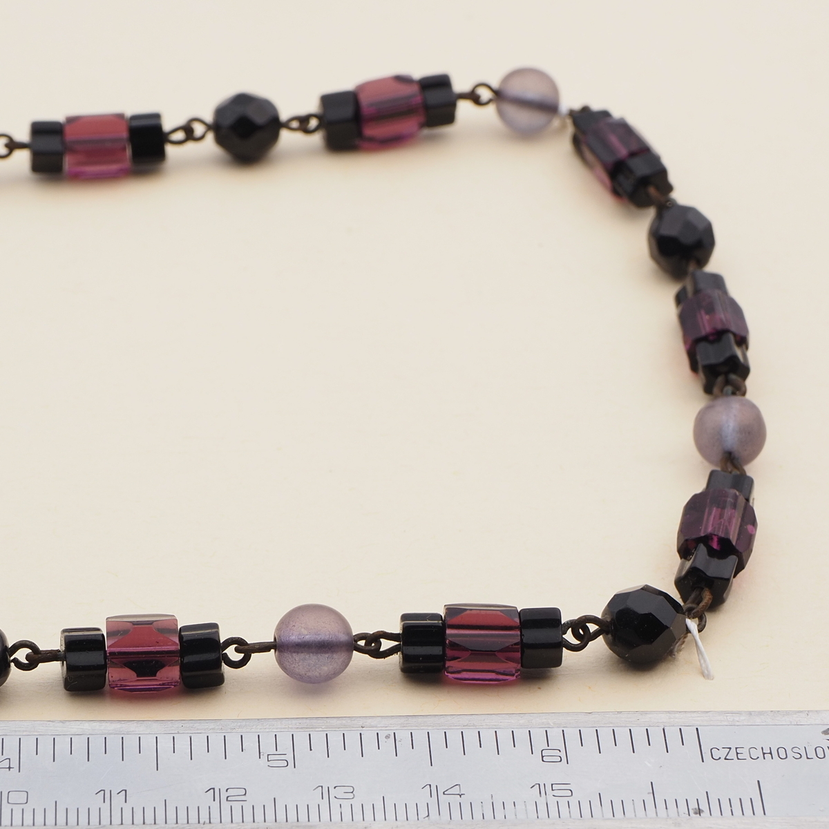 Vintage Czech link necklace black purple frost glass beads 
