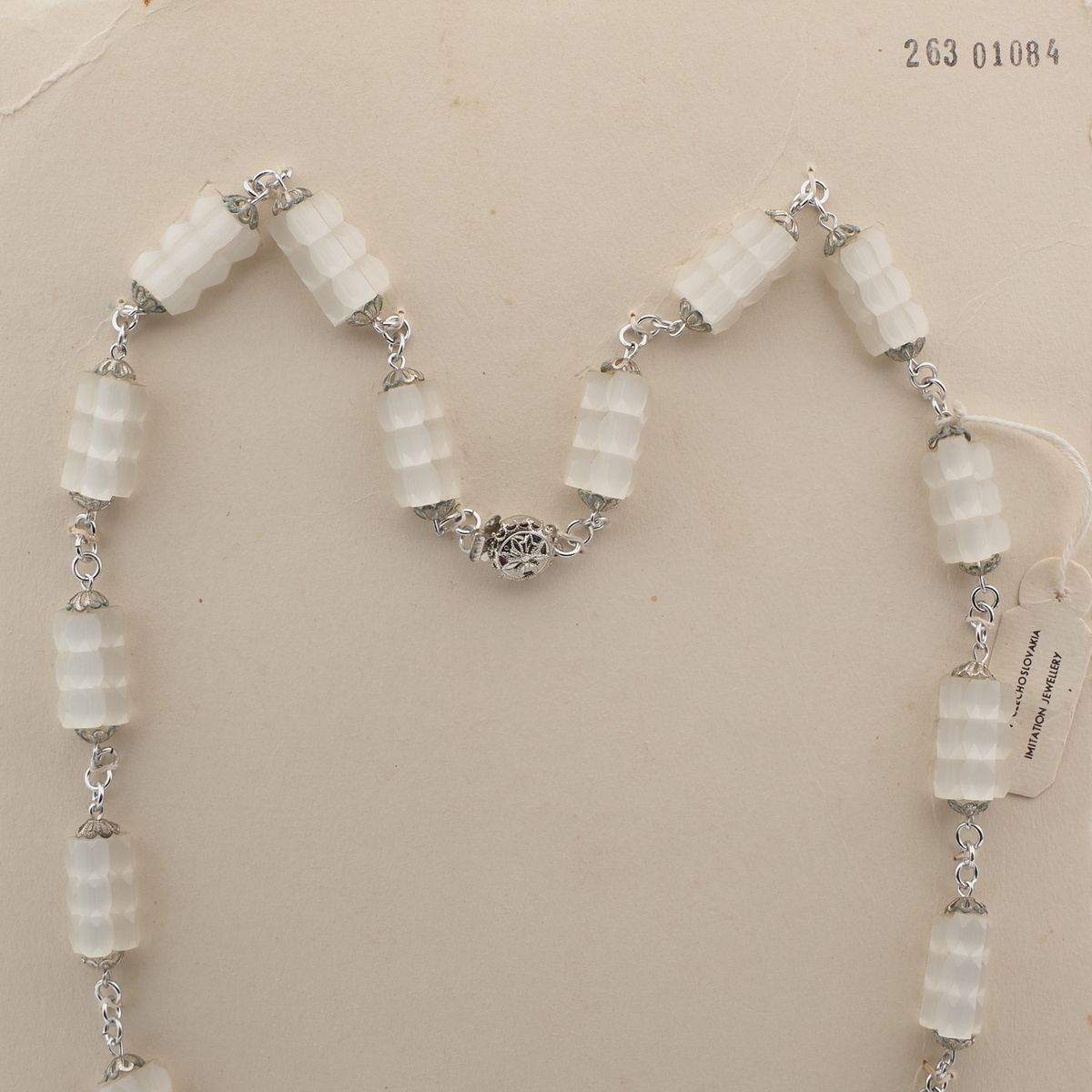 Vintage Czech silver chain necklace satin atlas pentagon frost glass beads