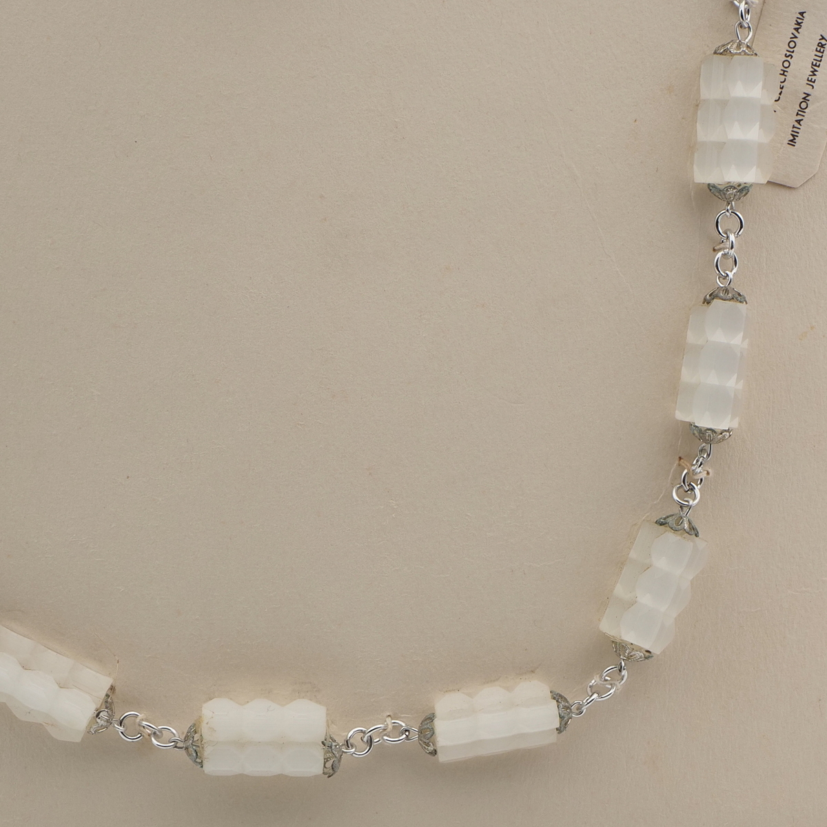 Vintage Czech silver chain necklace satin atlas pentagon frost glass beads