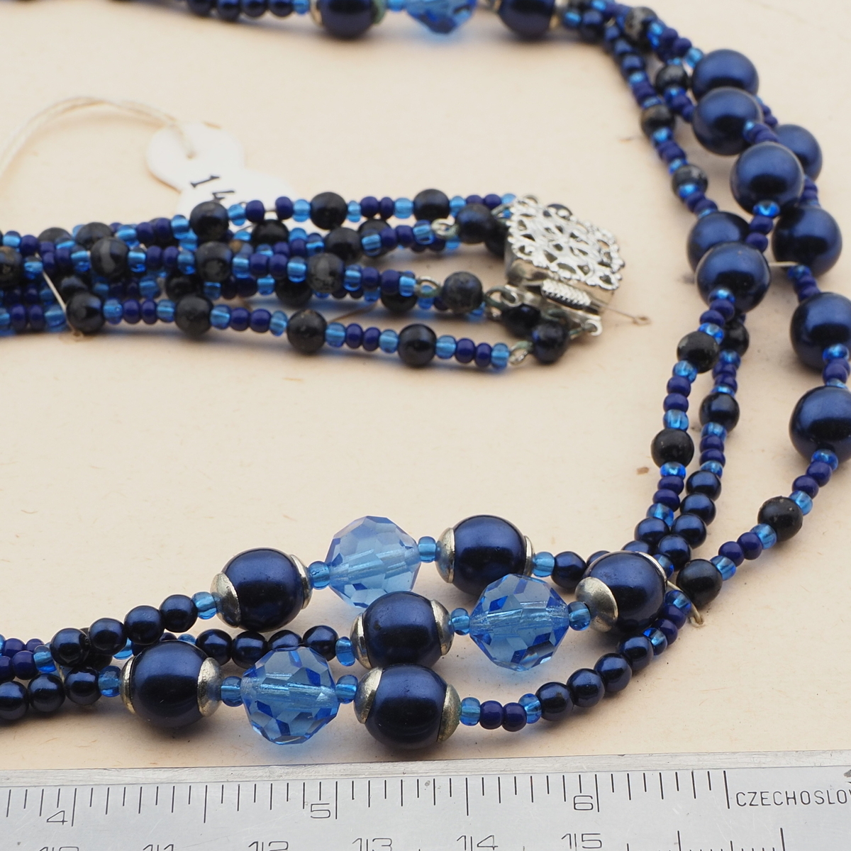 Vintage Czech 3 strand necklace blue glass beads 