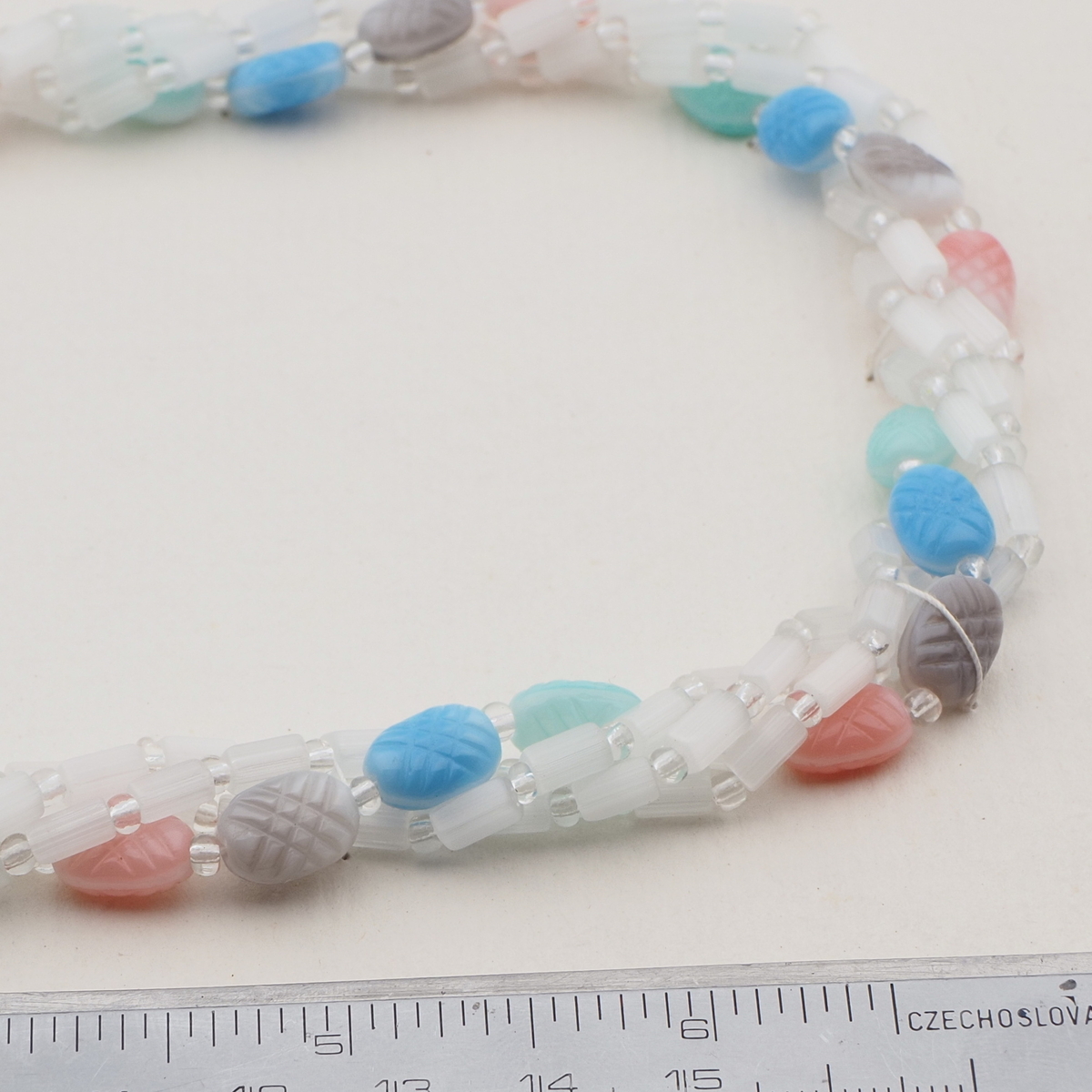 Vintage Czech 4 strand necklace crystal satin atlas oval ribbed glass beads 16"