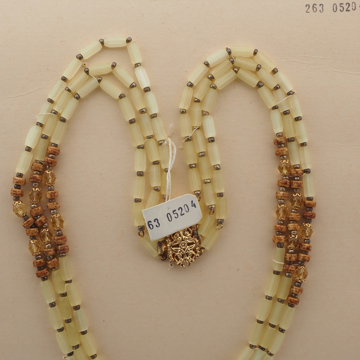 Vintage Czech 3 strand necklace yellow satin atlas marble glass beads 18" 