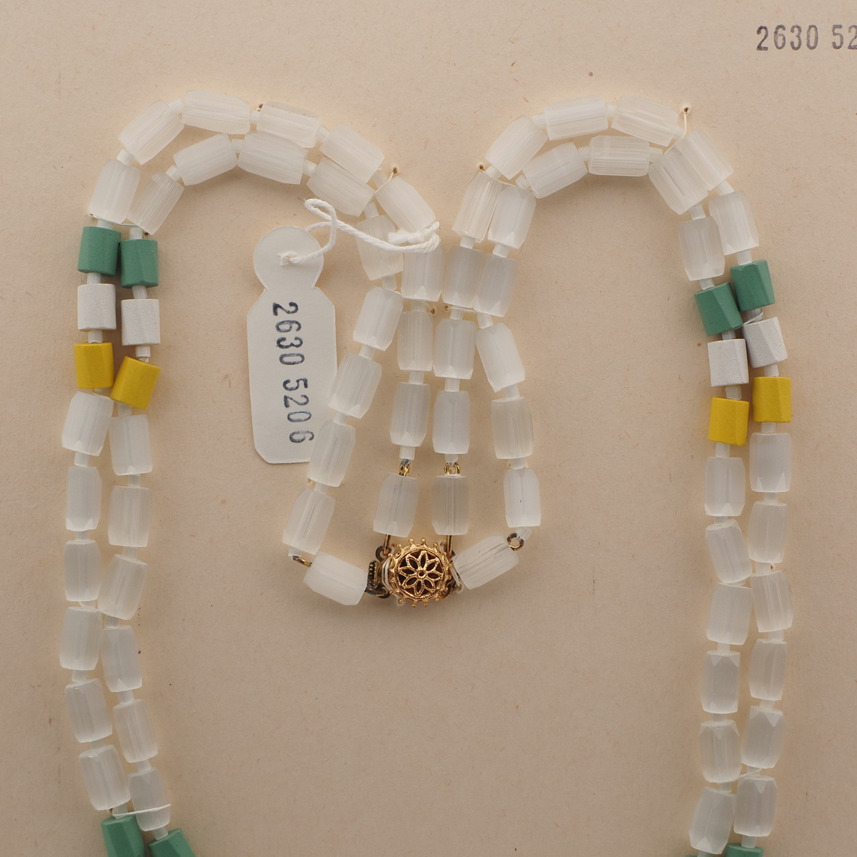 Vintage Czech 2 strand necklace frost satin atlas yellow white green glass beads 20"