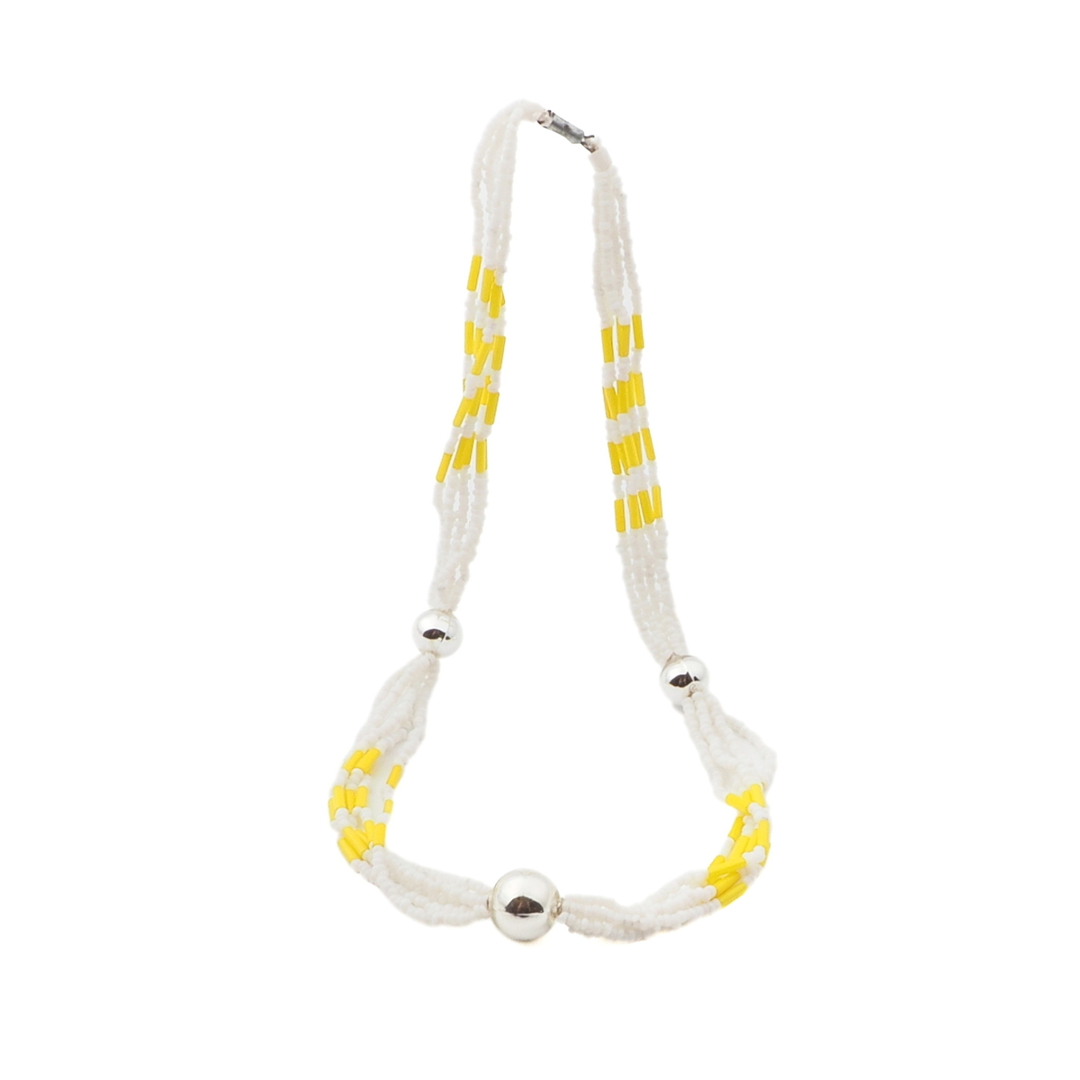 Vintage Czech 5 strand necklace yellow bugle white micro seed glass beads 16"