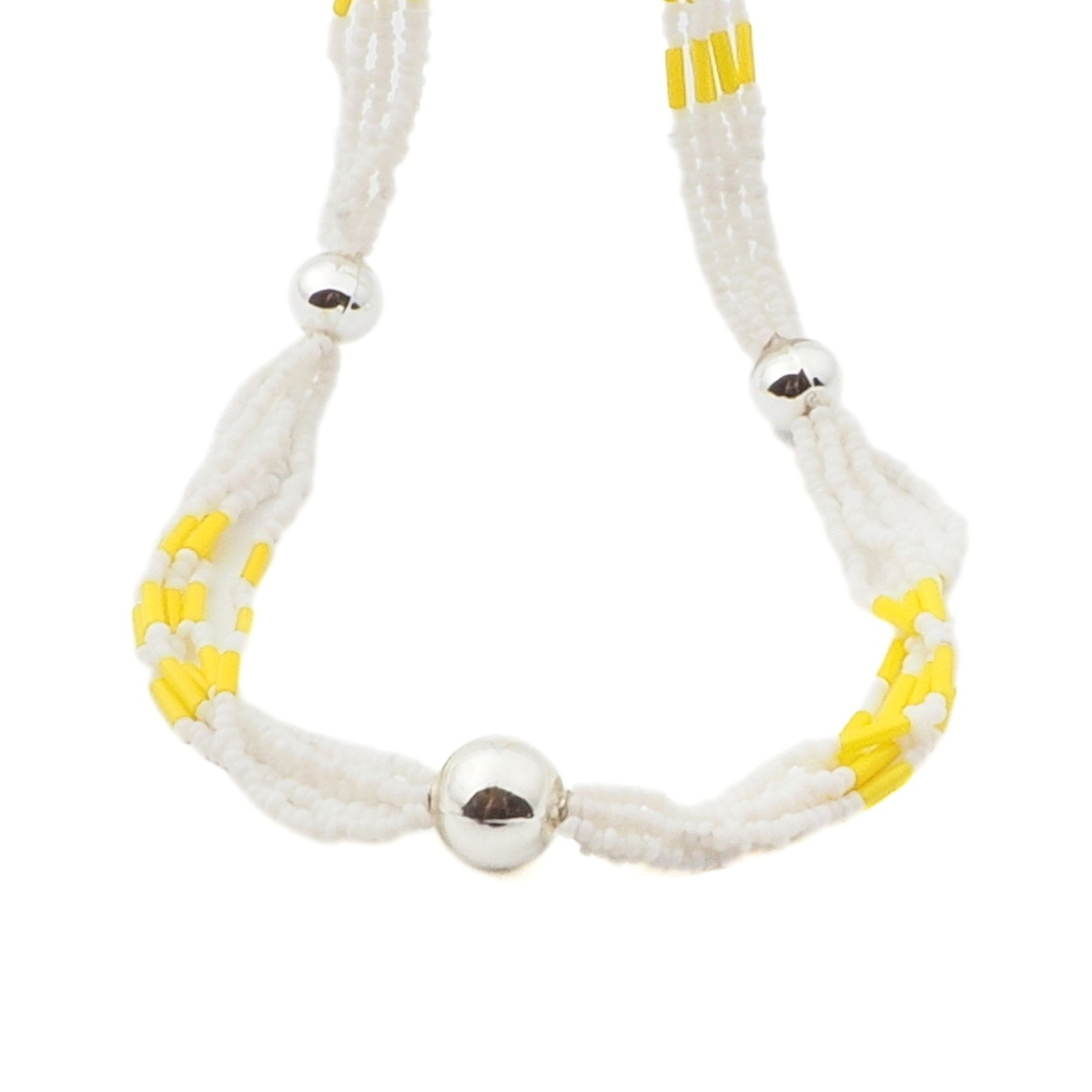 Vintage Czech 5 strand necklace yellow bugle white micro seed glass beads 16"