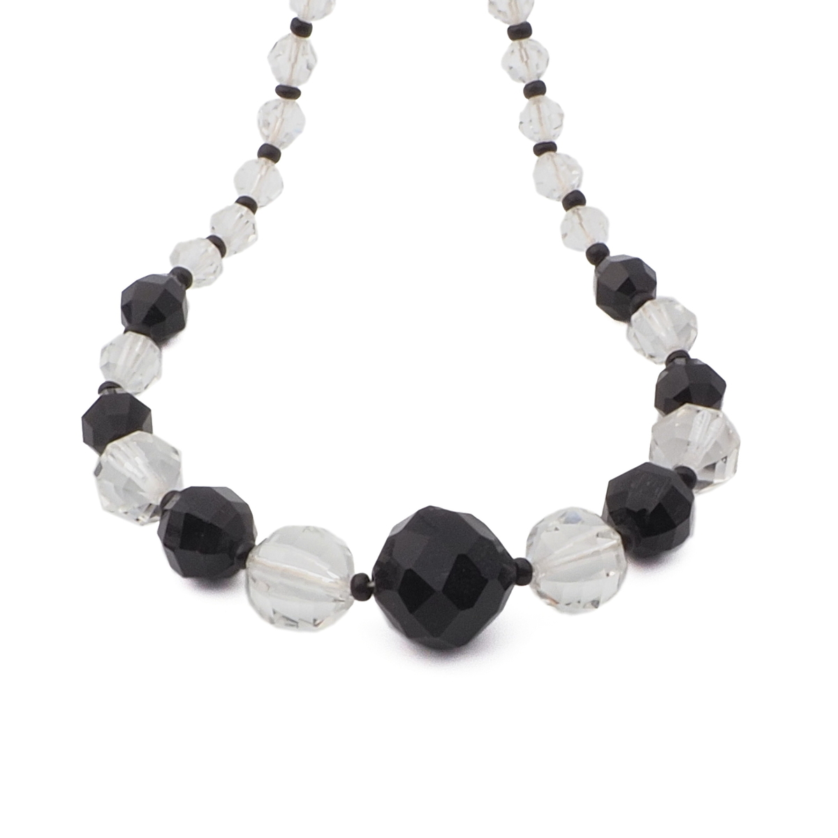 Vintage Czech necklace black crystal clear faceted glass beads 16"