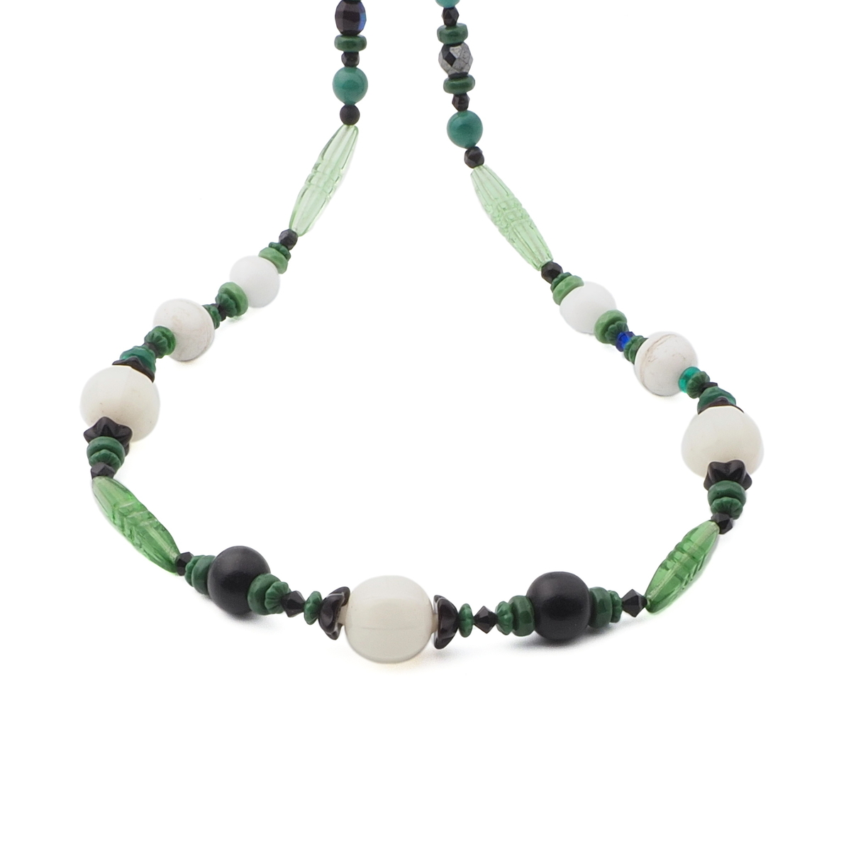 Vintage Czech necklace green black blown melon glass beads