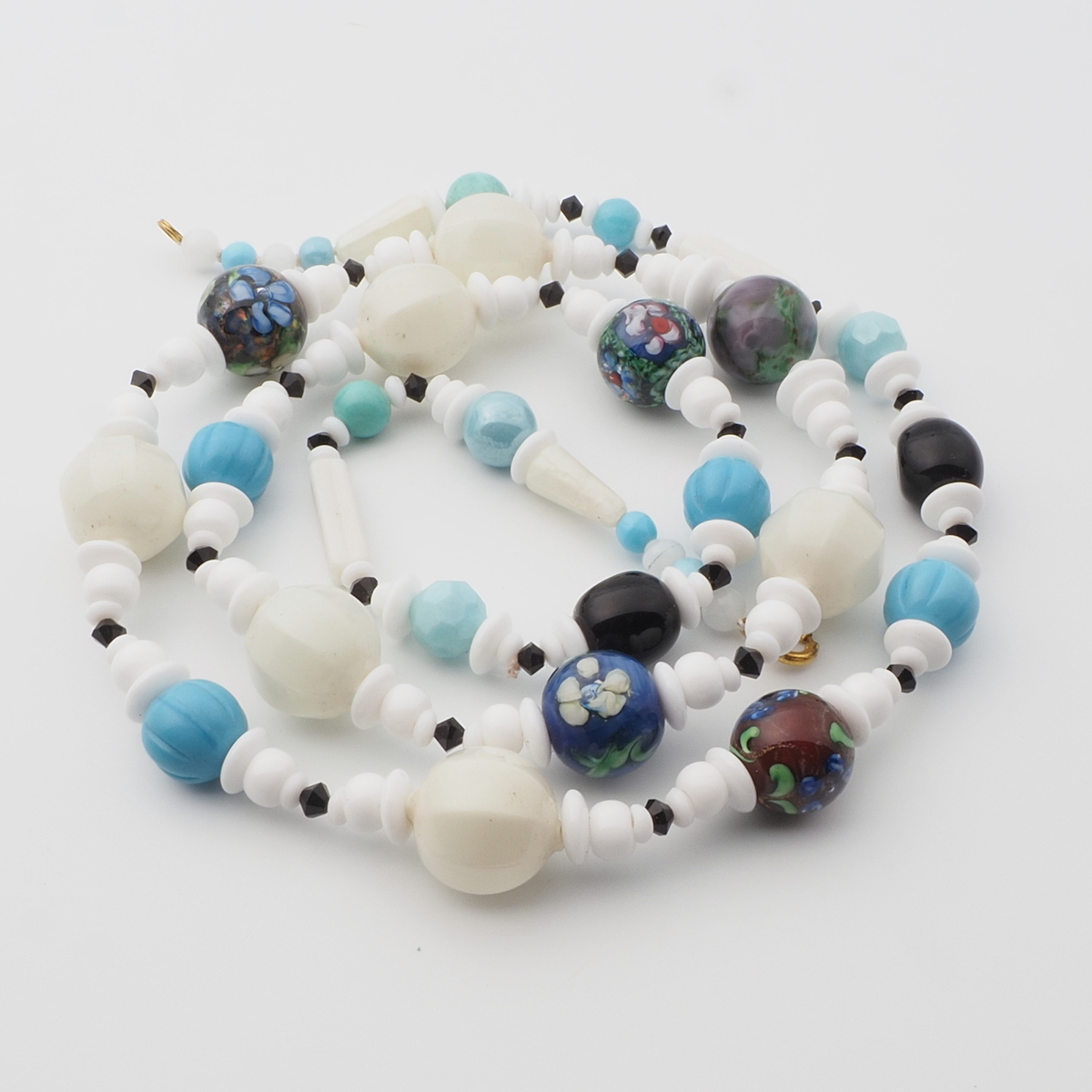 Vintage Czech necklace blue black white blown melon lampwork glass beads