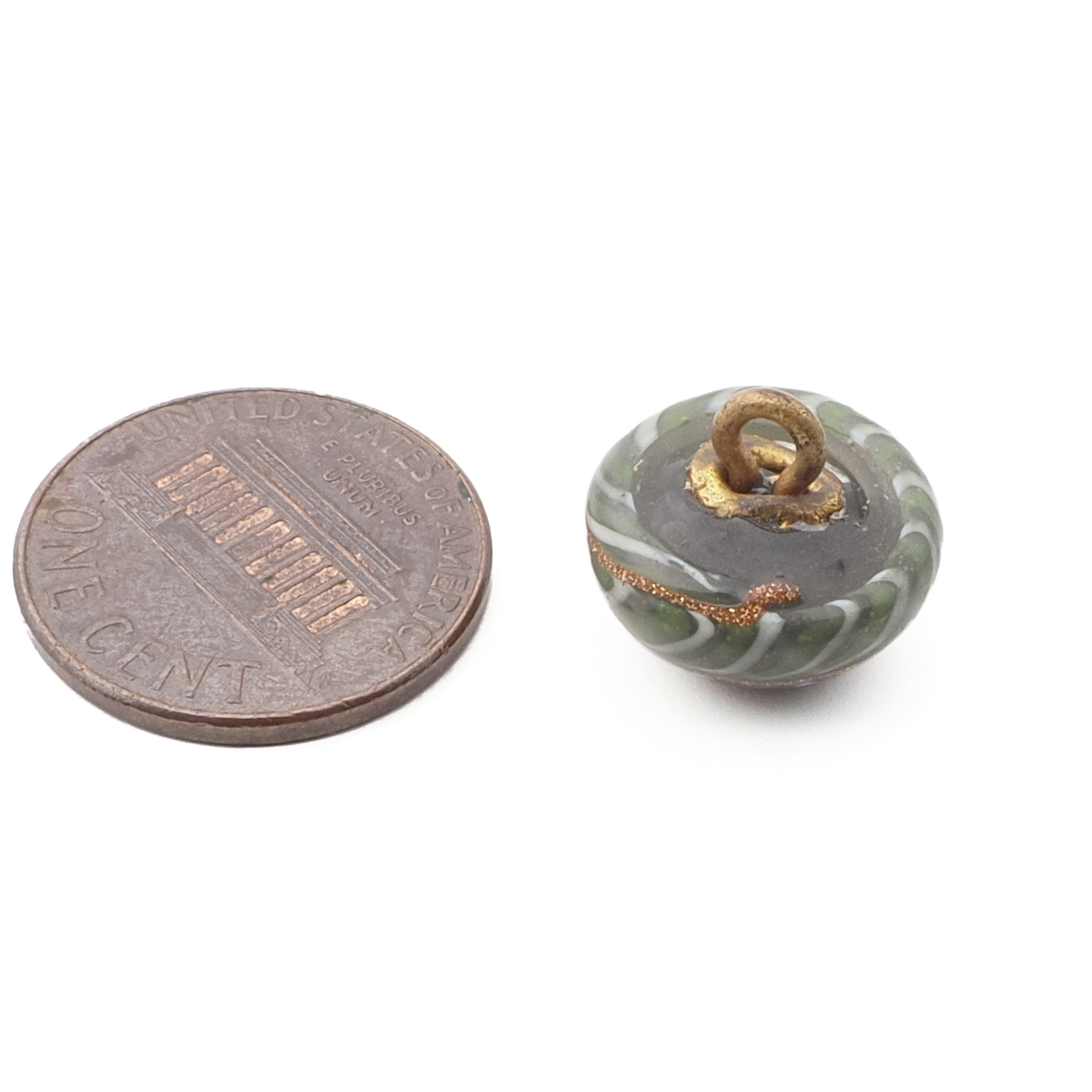 Antique Czech aventurine gold white spiral swirl micro lampwork glass button 13mm