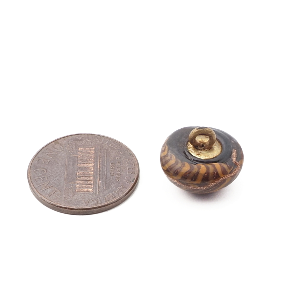 Antique Czech aventurine gold spiral stripe micro lampwork glass button 13mm