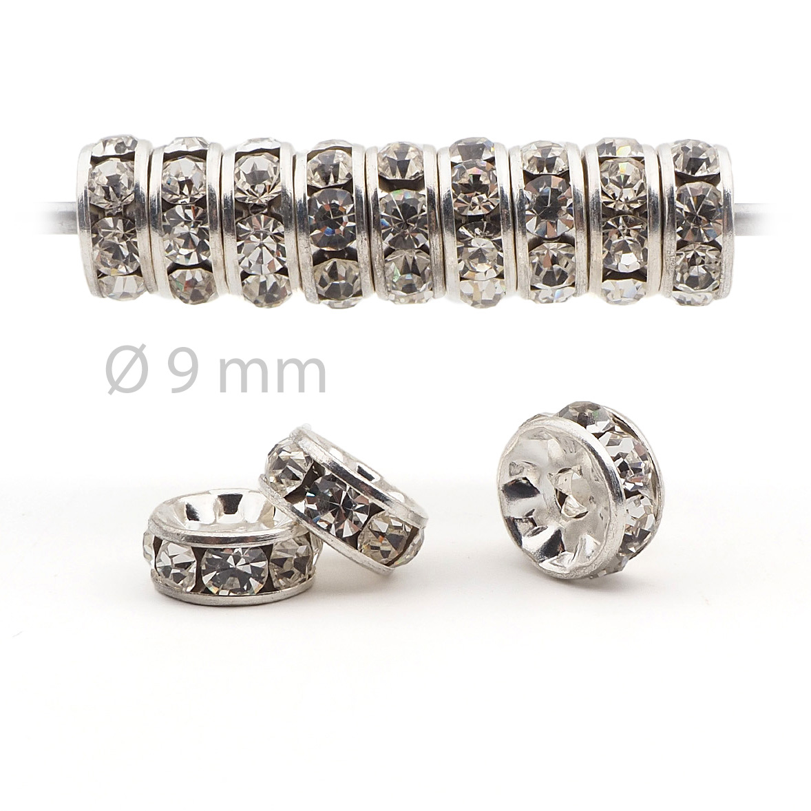 Lot 12 pcs 9mm Vintage Premium Czech Preciosa Crystal silver plate Rhinestone Rondelles jewelry supplies spacers beads - kopie
