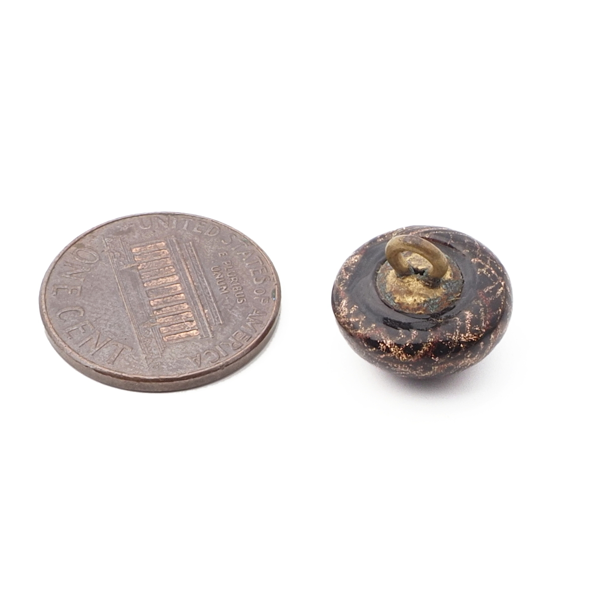 Antique Czech aventurine gold spiral micro lampwork glass button 13mm