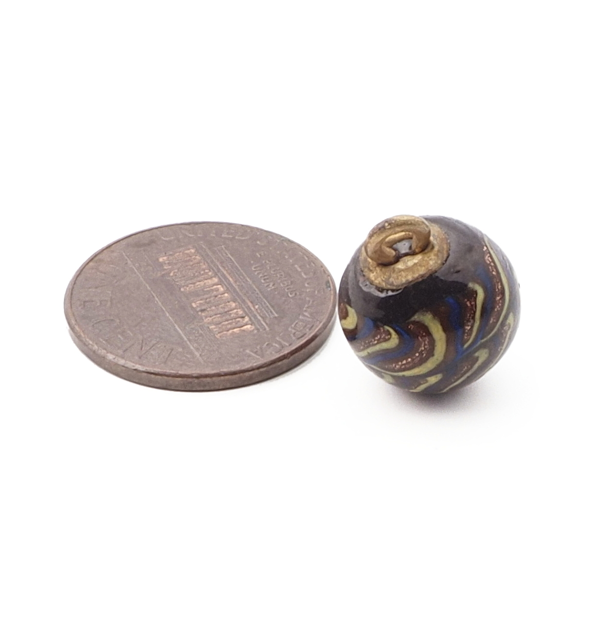 Antique Czech yellow blue gold spiral swirl micro lampwork ball glass button 12mm