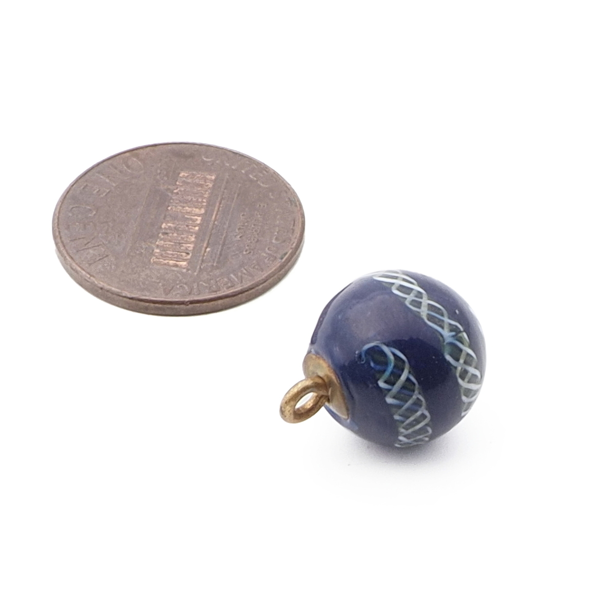 Antique Czech multicolor filigree spiral blue micro lampwork ball glass button 12mm
