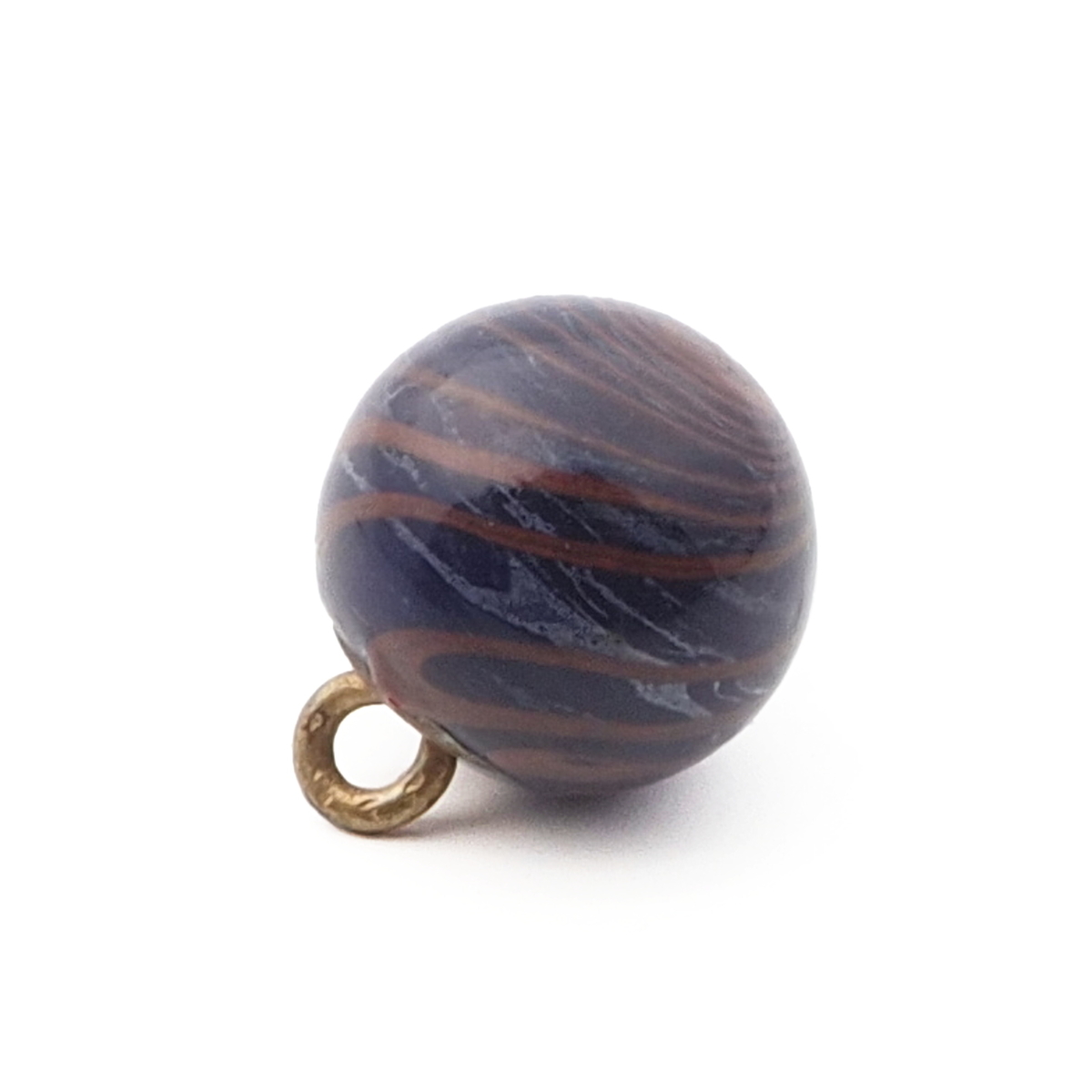 Antique Czech blue bicolor spiral micro lampwork ball glass button 12mm