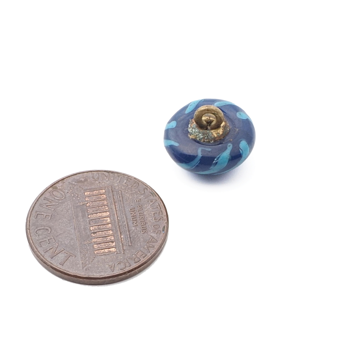 Antique Czech white spiral blue micro lampwork glass button 13mm