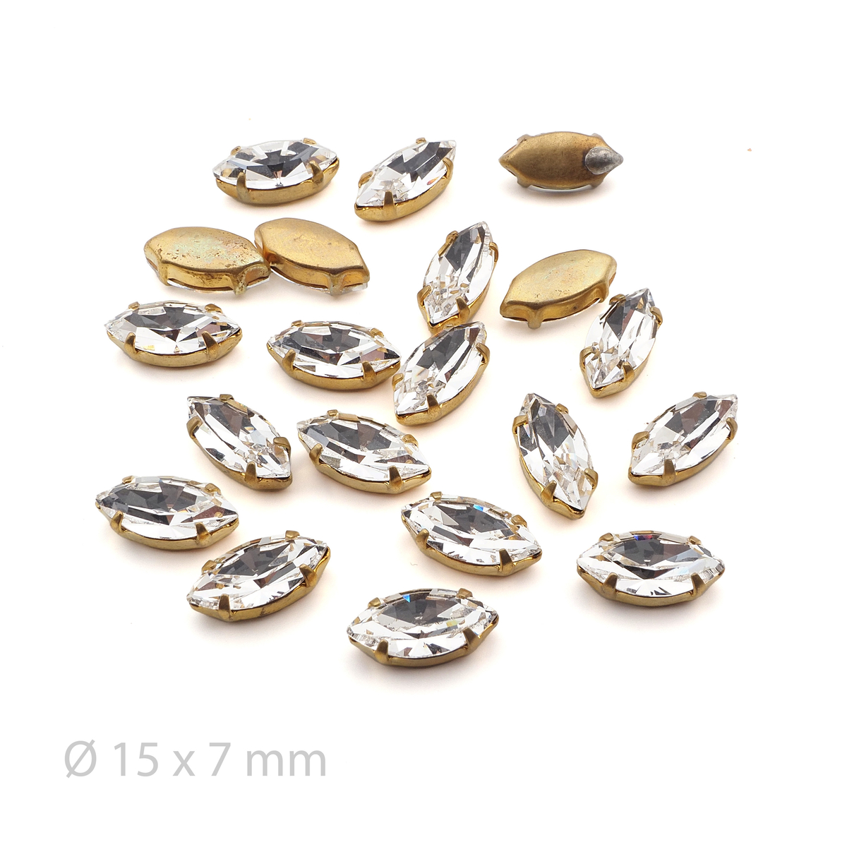 Lot 20pcs 15x7mm Clear Crystal glue soldering prong setting  brass Navettes vintage faceted fancy chaton stones
