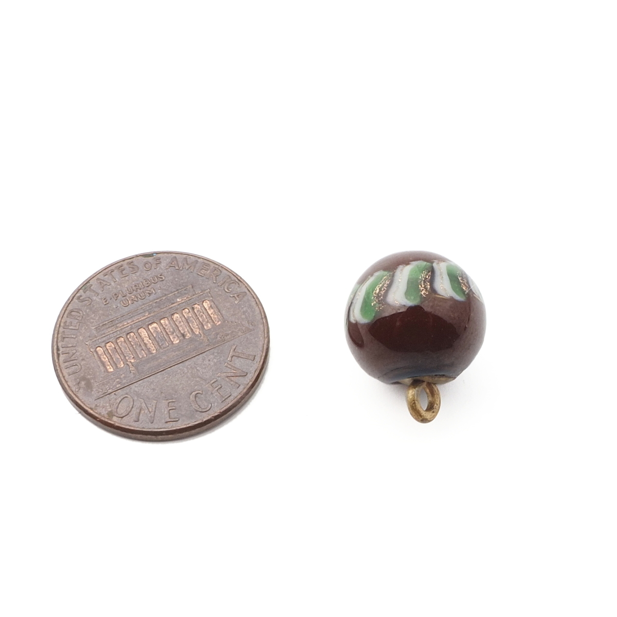 Antique Czech green white aventurine stripe micro lampwork ball glass button 12mm