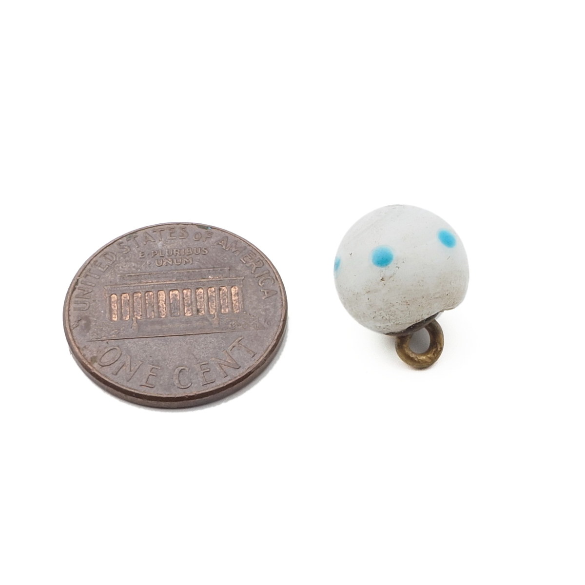 Antique Czech blue spot white opaline micro lampwork ball glass button 11mm