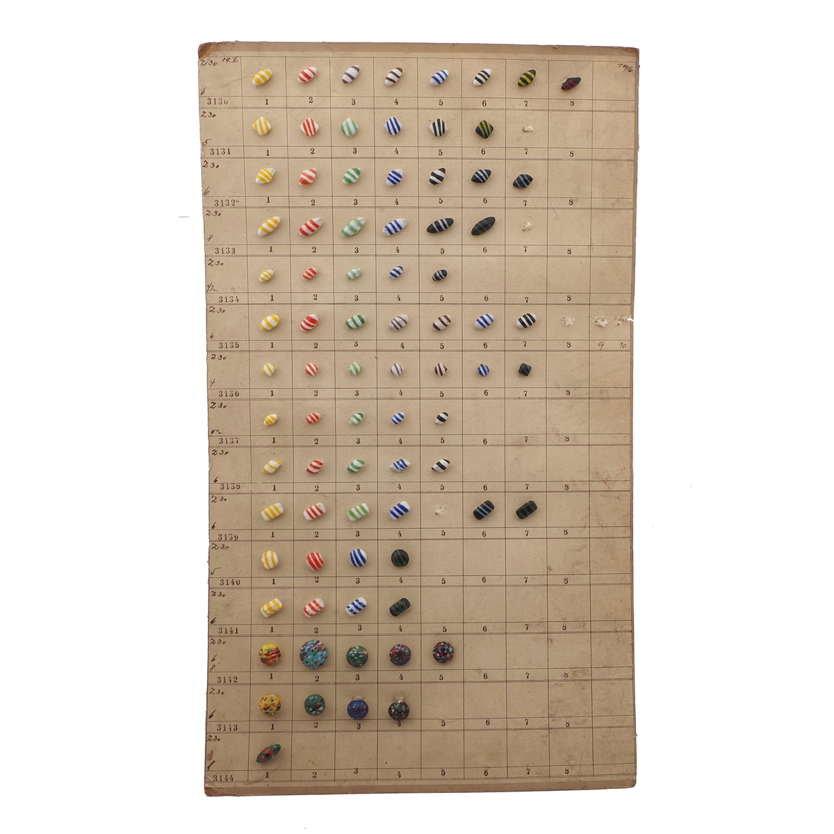 Sample card (80) Czech antique glass buttons bicolor striped end of day