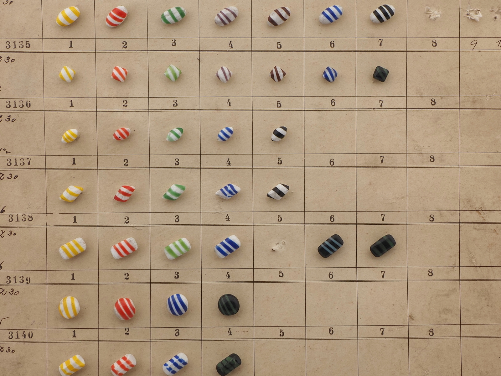 Sample card (80) Czech antique glass buttons bicolor striped end of day