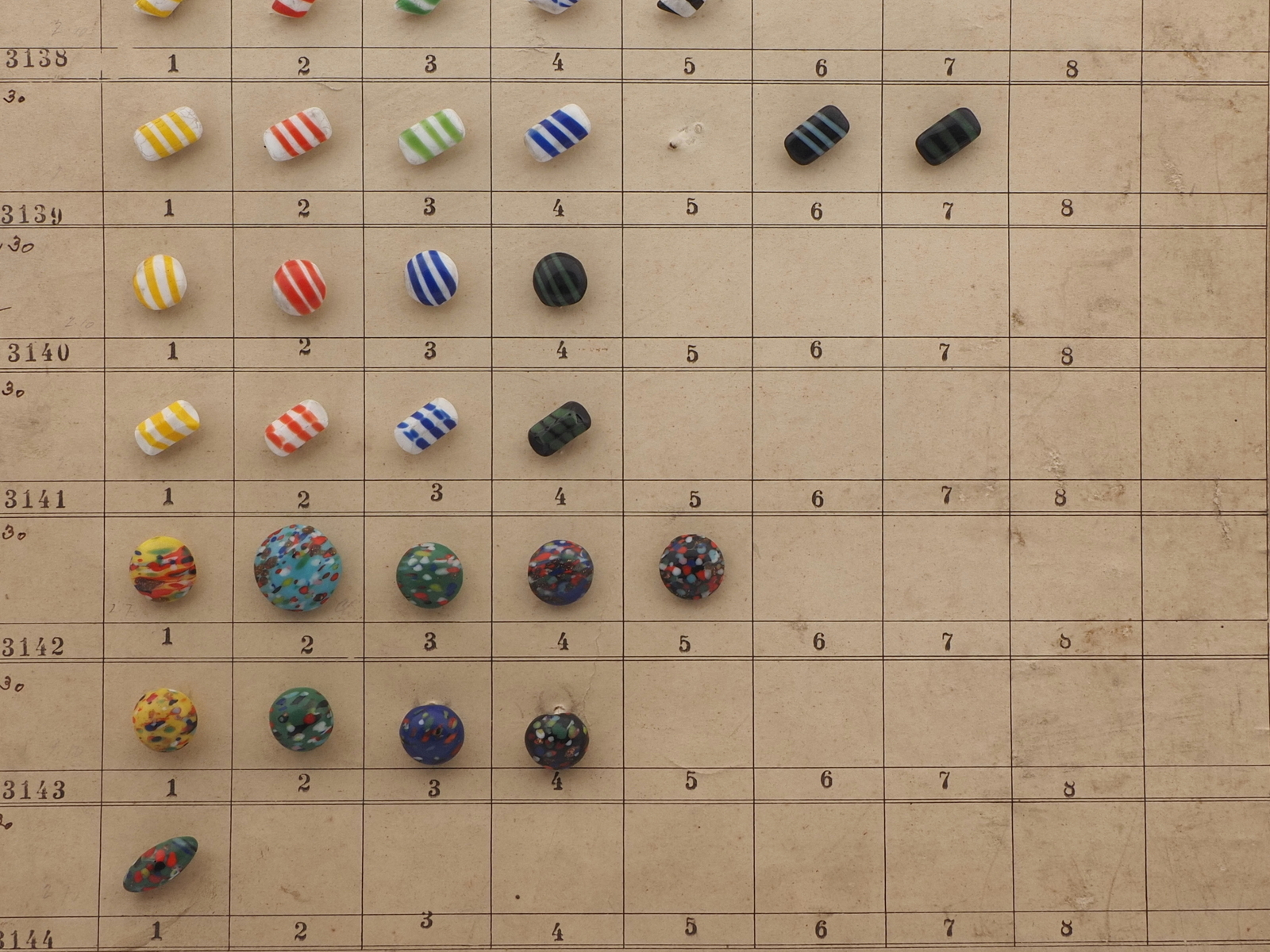Sample card (80) Czech antique glass buttons bicolor striped end of day