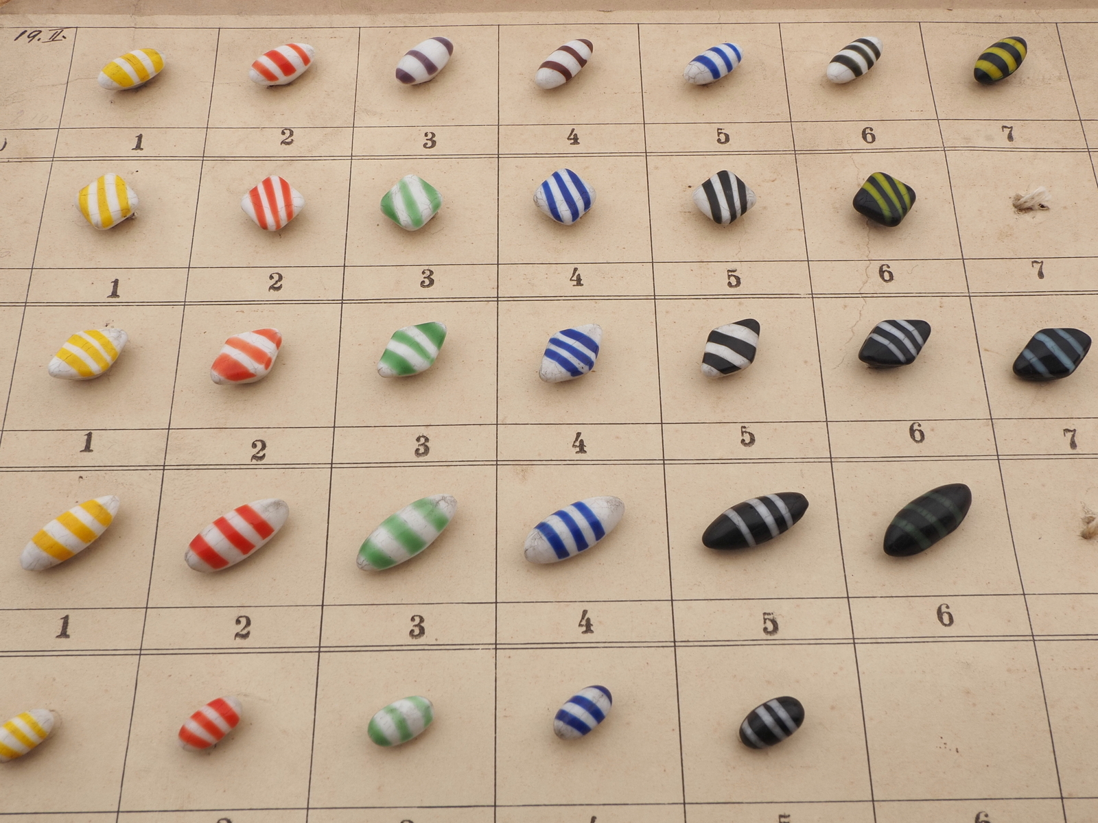 Sample card (80) Czech antique glass buttons bicolor striped end of day