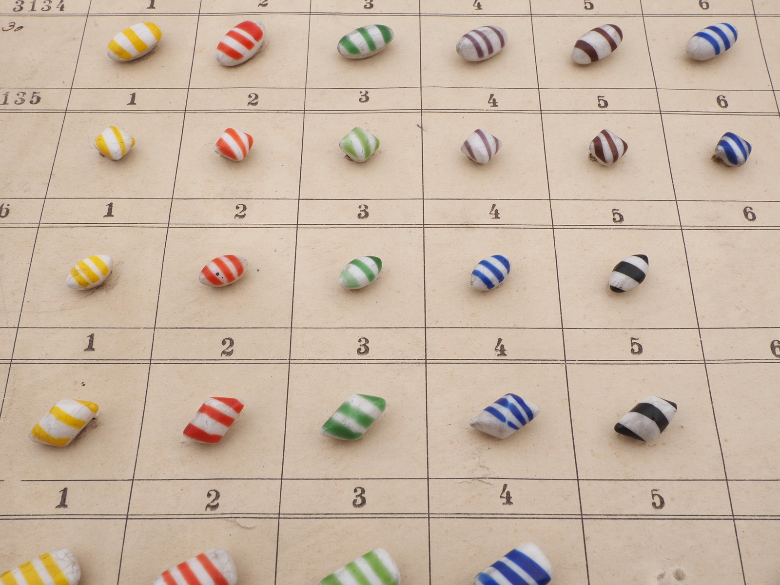 Sample card (80) Czech antique glass buttons bicolor striped end of day