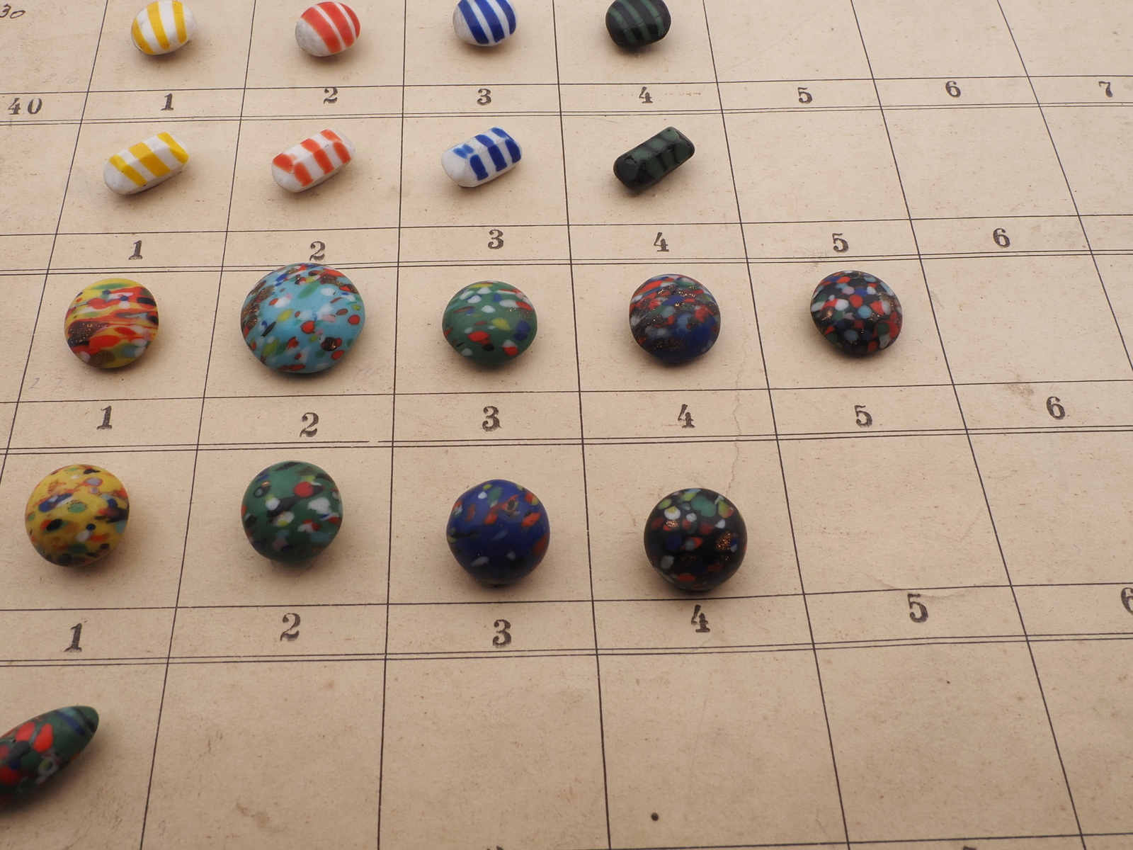 Sample card (80) Czech antique glass buttons bicolor striped end of day