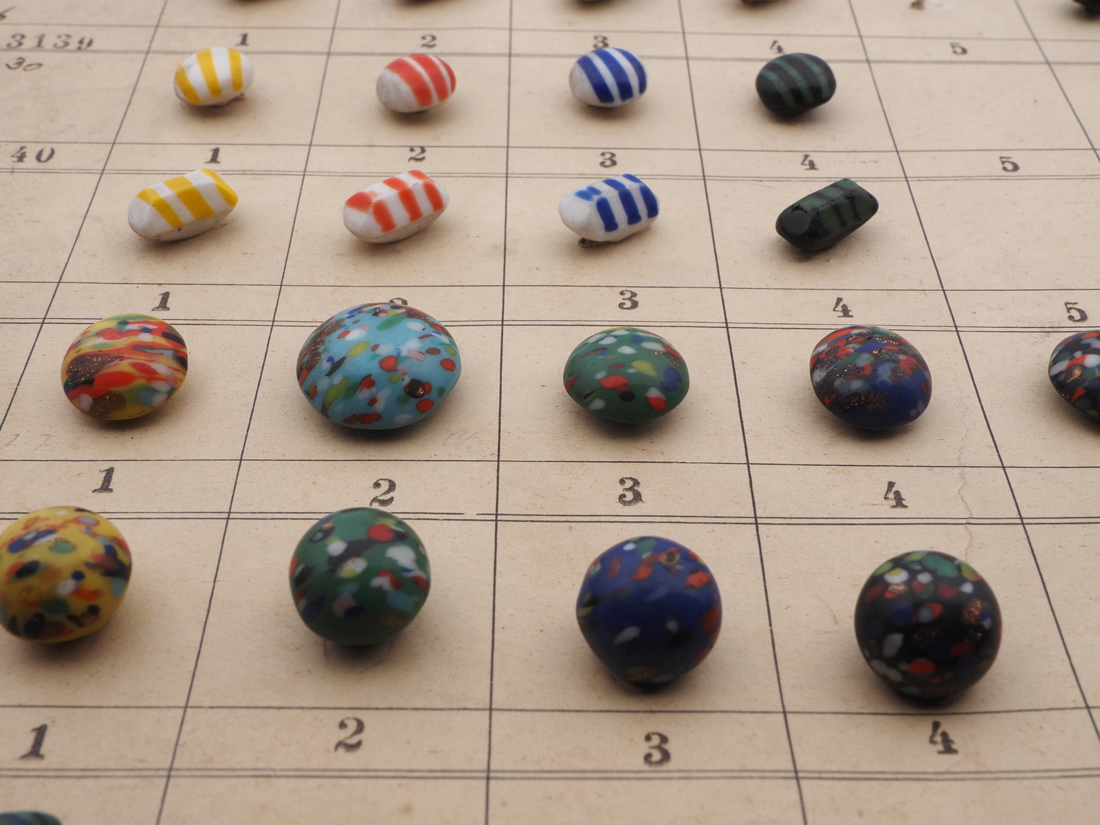 Sample card (80) Czech antique glass buttons bicolor striped end of day