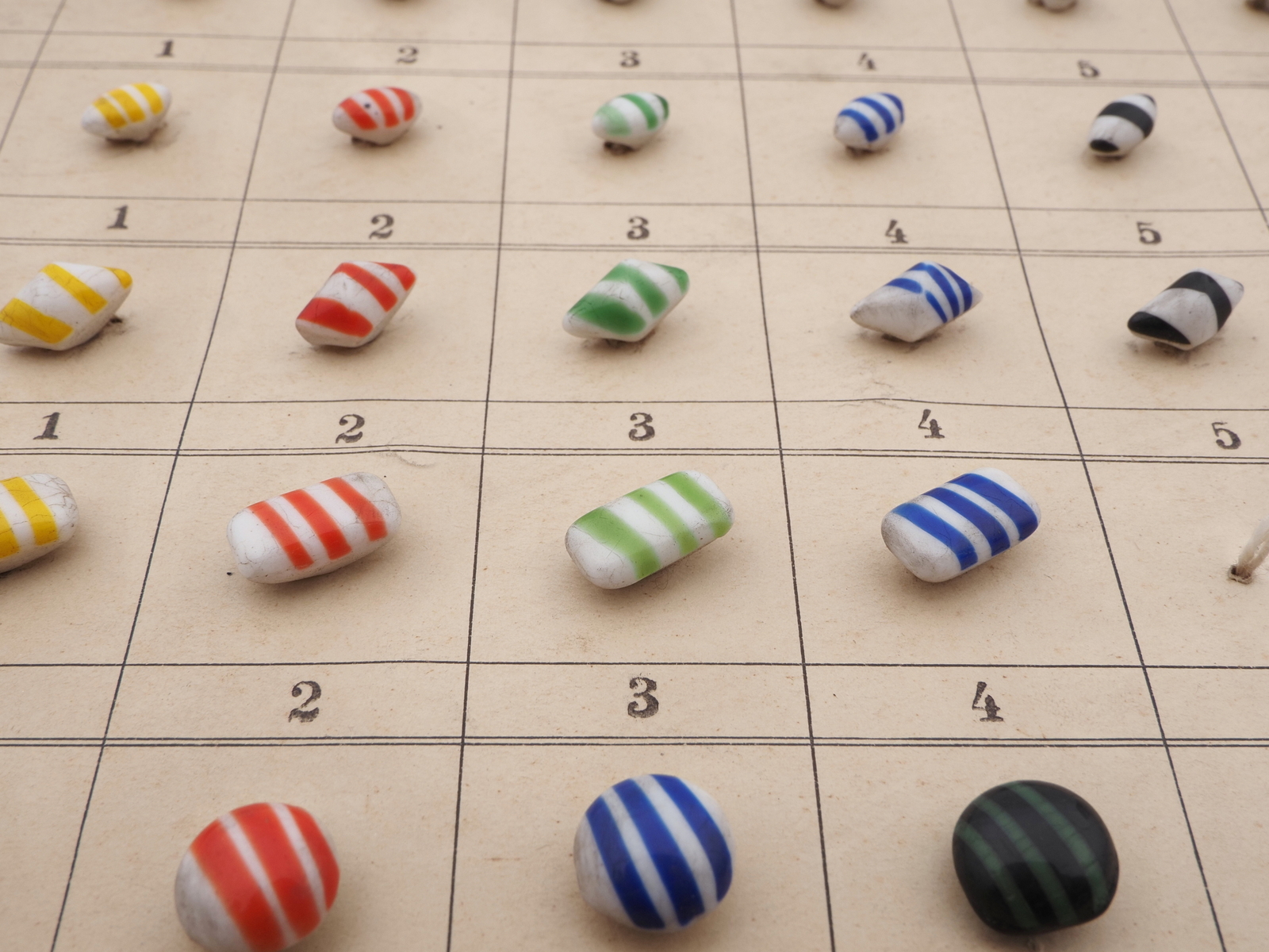 Sample card (80) Czech antique glass buttons bicolor striped end of day