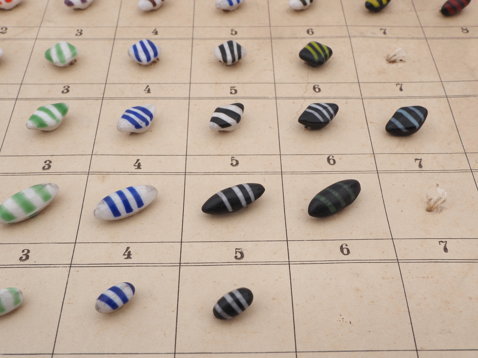 Sample card (80) Czech antique glass buttons bicolor striped end of day
