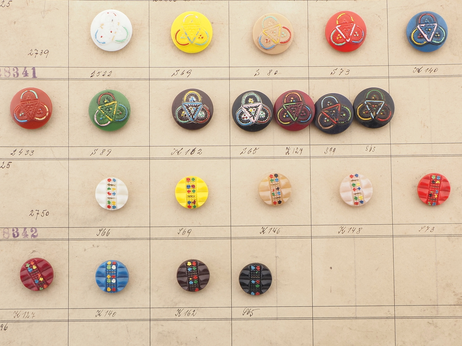 Sample card (30) Czech antique glass buttons hand painted geometric floral