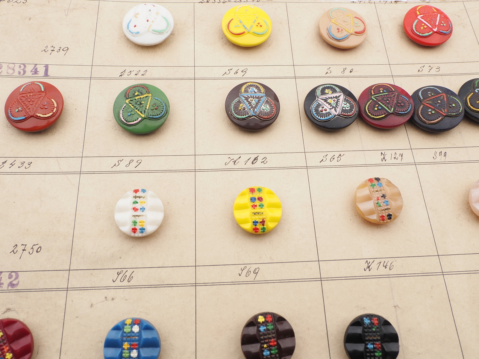 Sample card (30) Czech antique glass buttons hand painted geometric floral