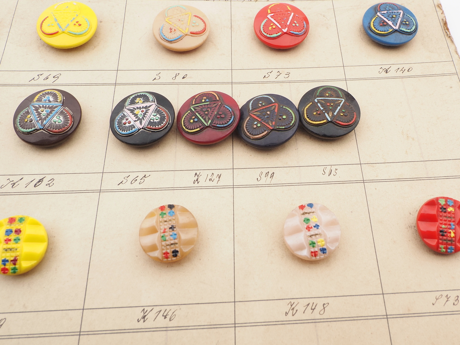 Sample card (30) Czech antique glass buttons hand painted geometric floral