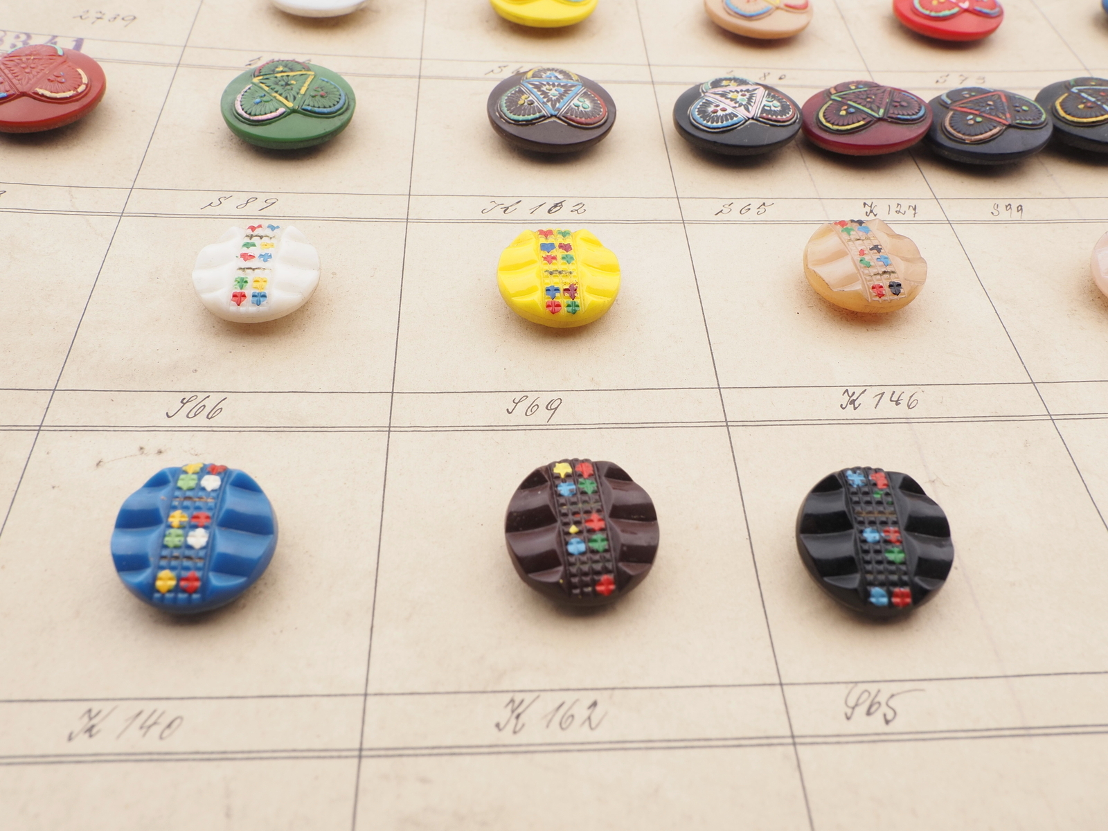 Sample card (30) Czech antique glass buttons hand painted geometric floral