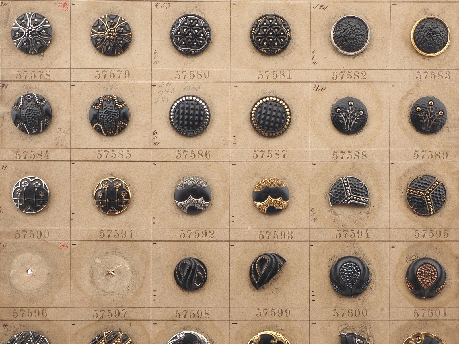 Sample card (48) Czech antique black glass buttons geometric floral snake