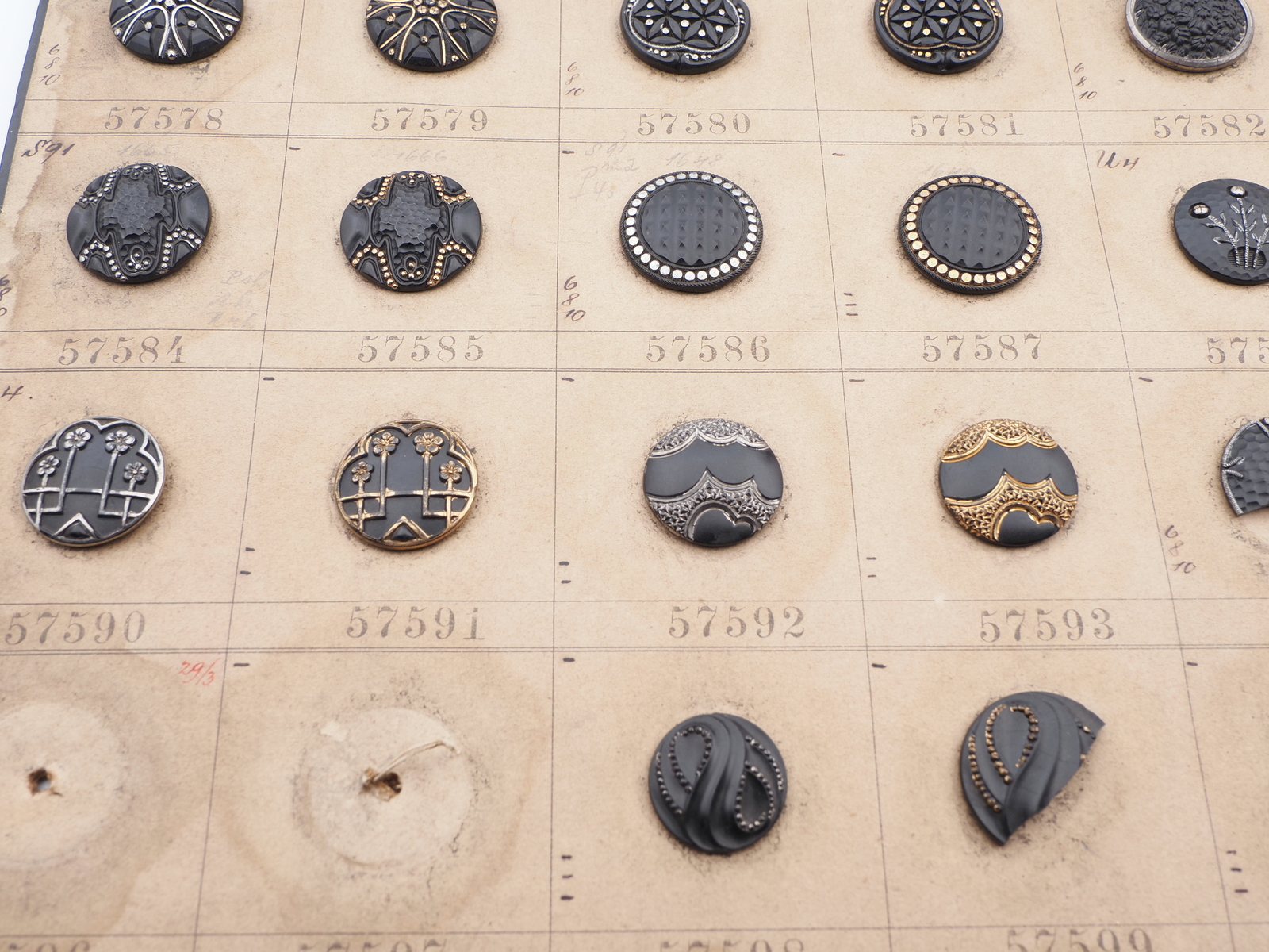 Sample card (48) Czech antique black glass buttons geometric floral snake