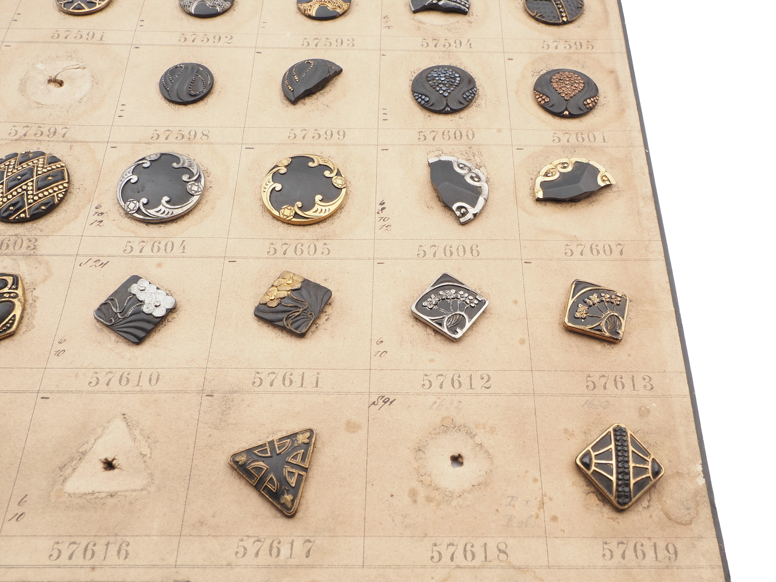 Sample card (48) Czech antique black glass buttons geometric floral snake