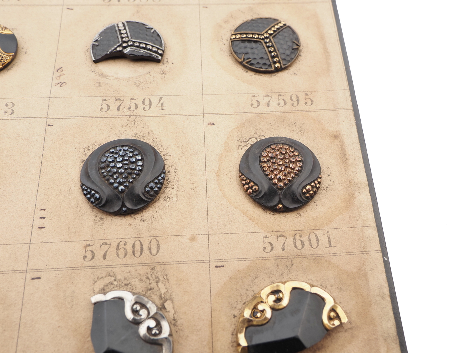 Sample card (48) Czech antique black glass buttons geometric floral snake