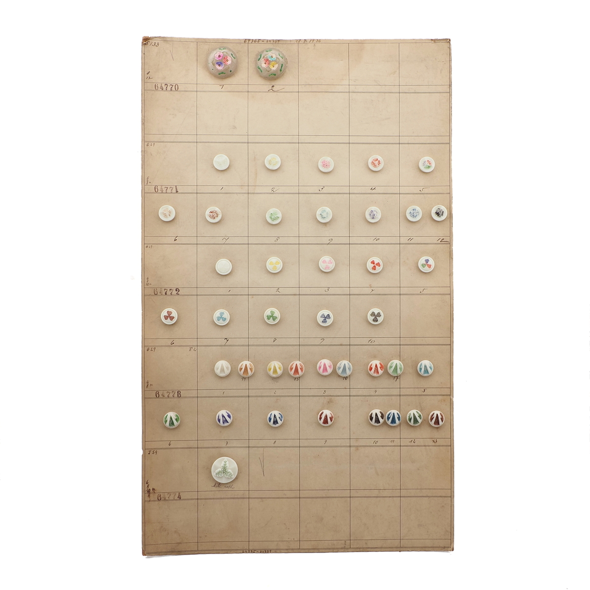 Sample card (42) Czech antique glass buttons geometric floral uranium