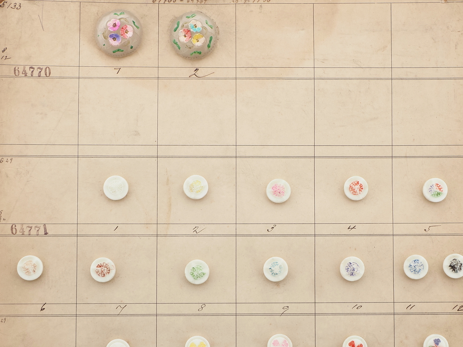 Sample card (42) Czech antique glass buttons geometric floral uranium